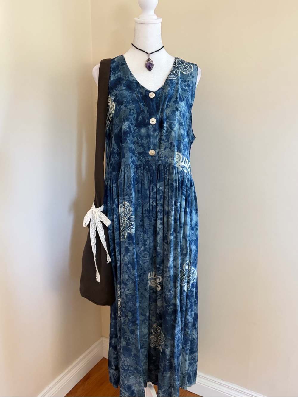 Vintage 90s whimsygoth boho ocean witch babydoll spiral swirl blue maxi dress L